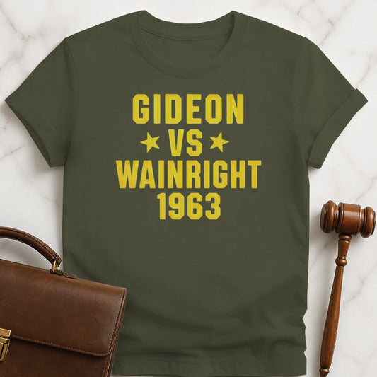 trendy lawyer graphic tee that says gideon v wainright 1963 featuring stars in green