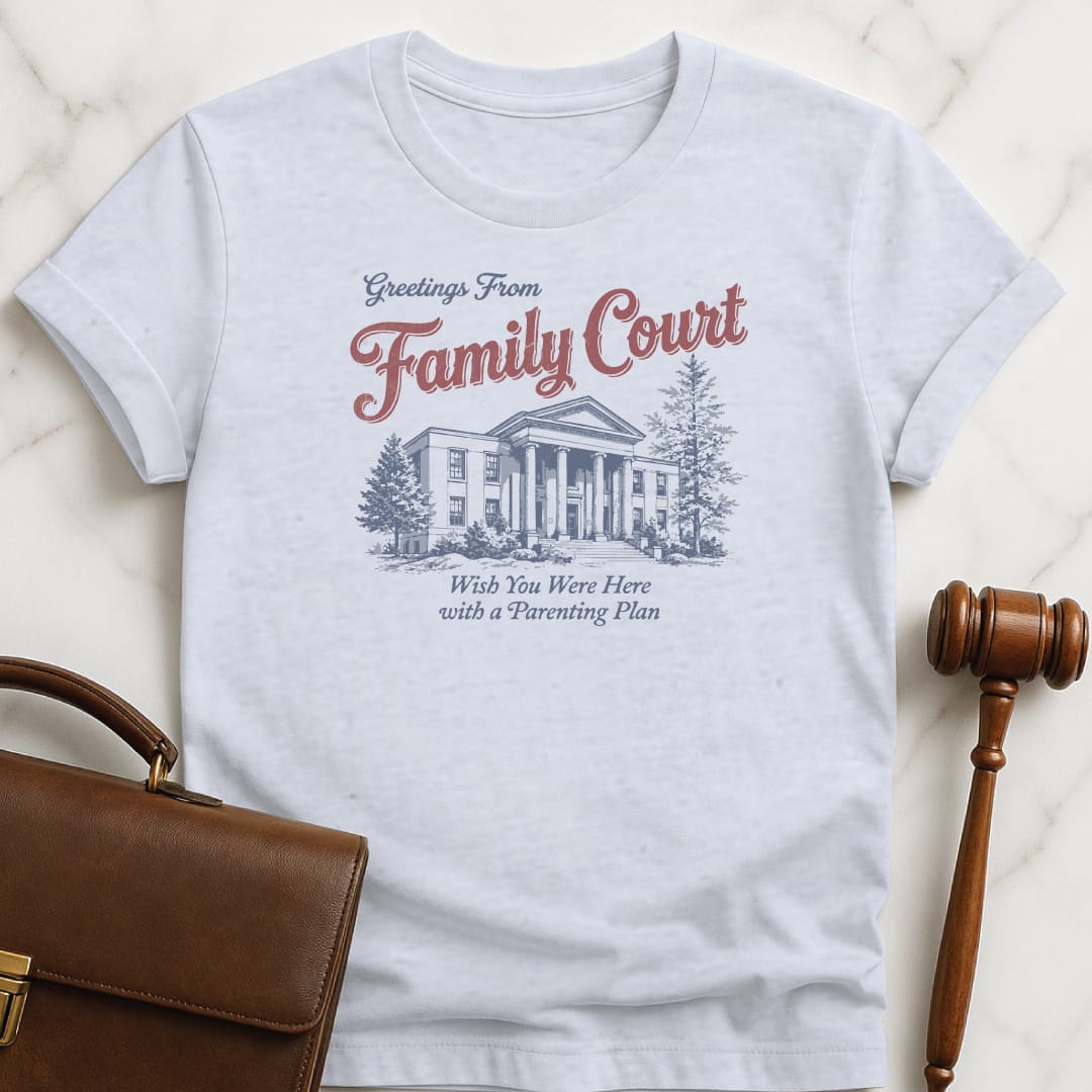 cool lawyer graphic t shirt that says Greetings from Family Court wish you were featuring courthouse in grey