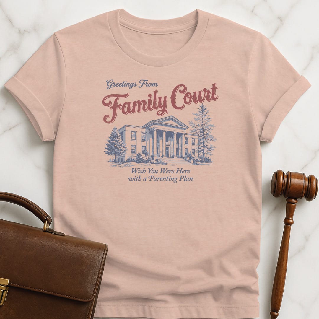funny attorney graphic tshirt that says Greetings from Family Court wish you were featuring courthouse in heather peach