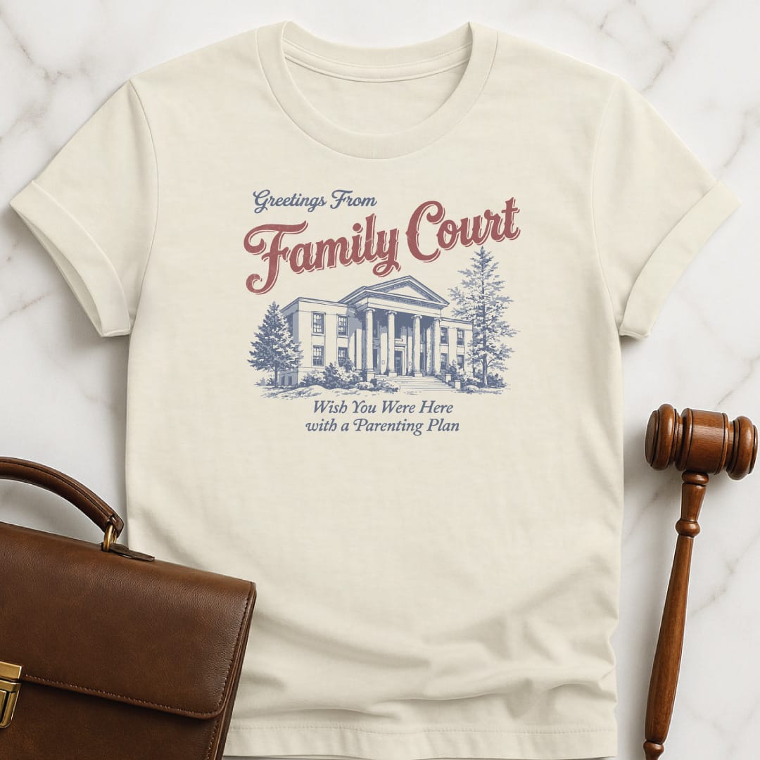 funny law graduate tshirt that says Greetings from Family Court wish you were featuring courthouse in cream