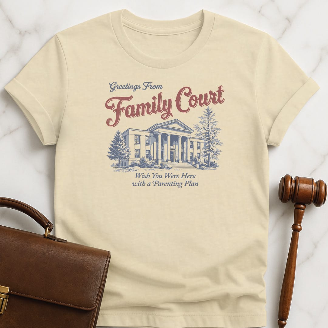 cool new lawyer tee that says Greetings from Family Court wish you were featuring courthouse in cream