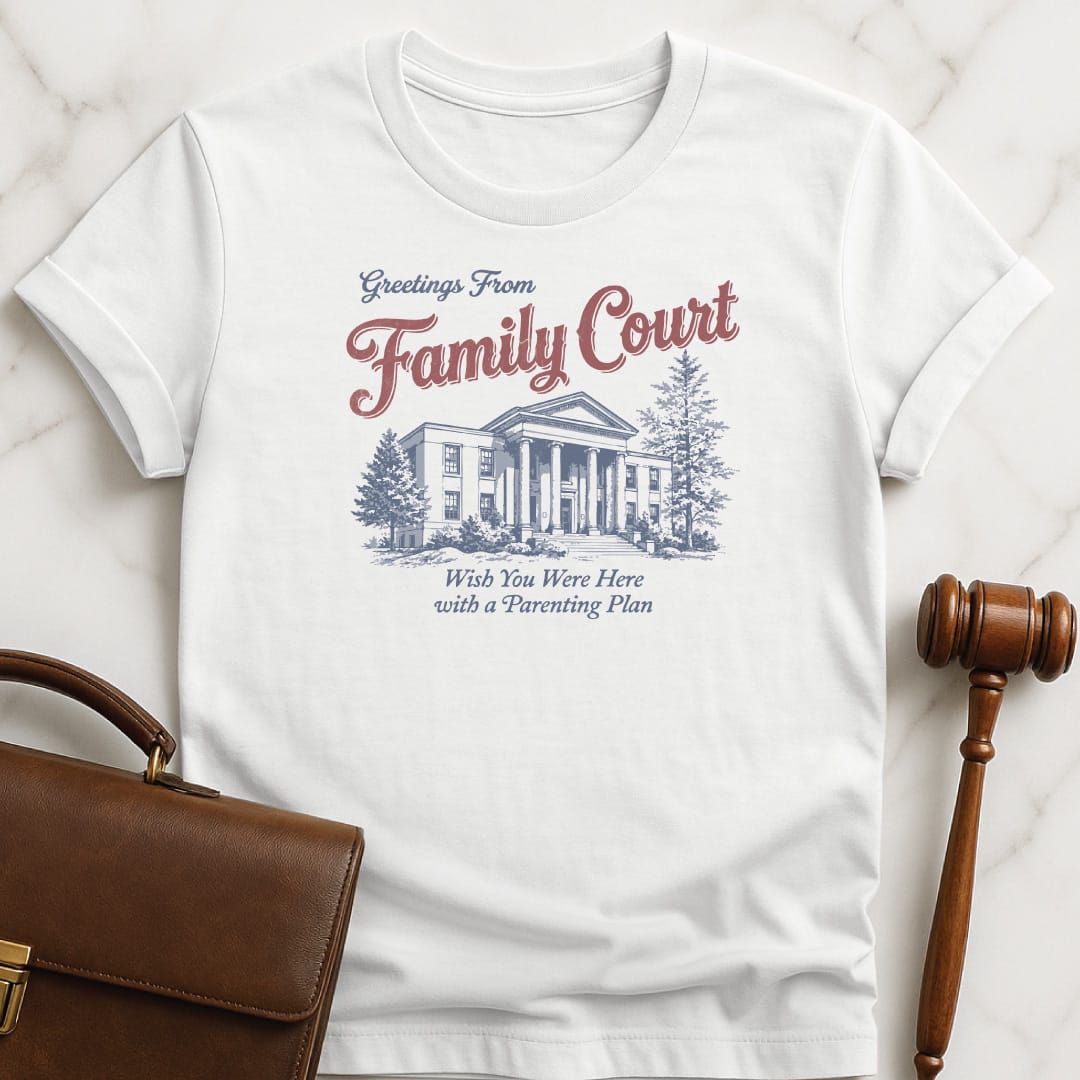 funny new attorney graphic t-shirt that says Greetings from Family Court wish you were featuring courthouse in white