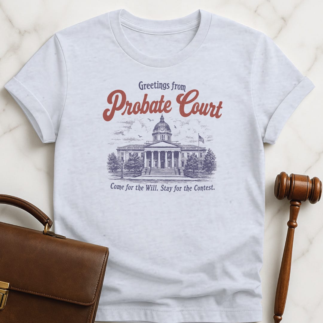 cool law grad t shirt that says greetings from probate court come for the featuring courthouse in grey