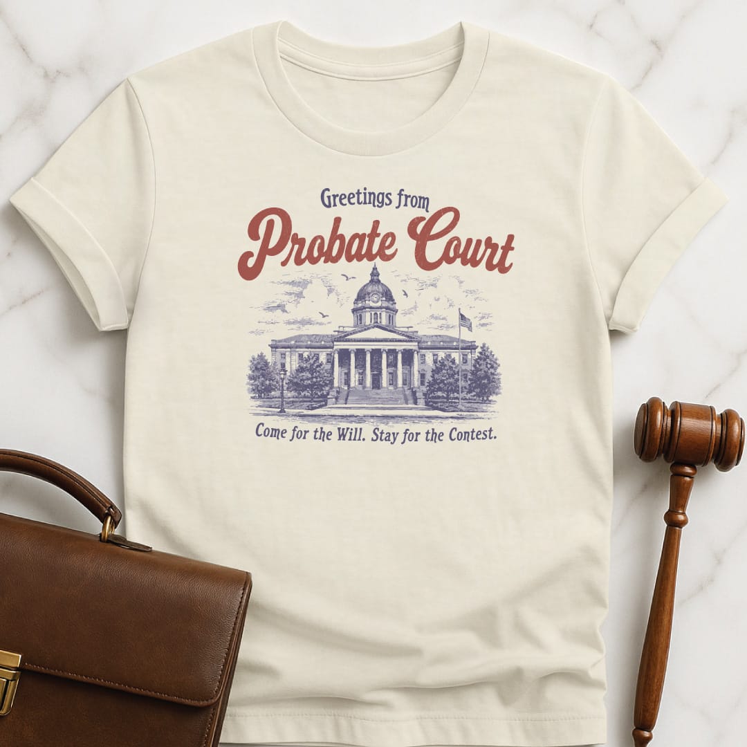 funny attorney graphic tshirt that says greetings from probate court come for the featuring courthouse in cream