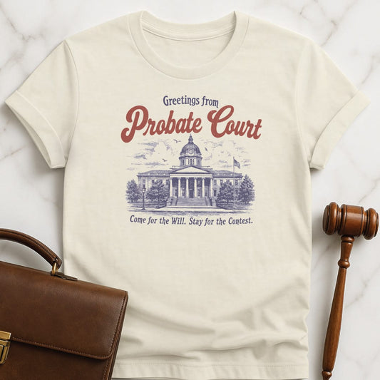 funny attorney graphic tshirt that says greetings from probate court come for the featuring courthouse in cream