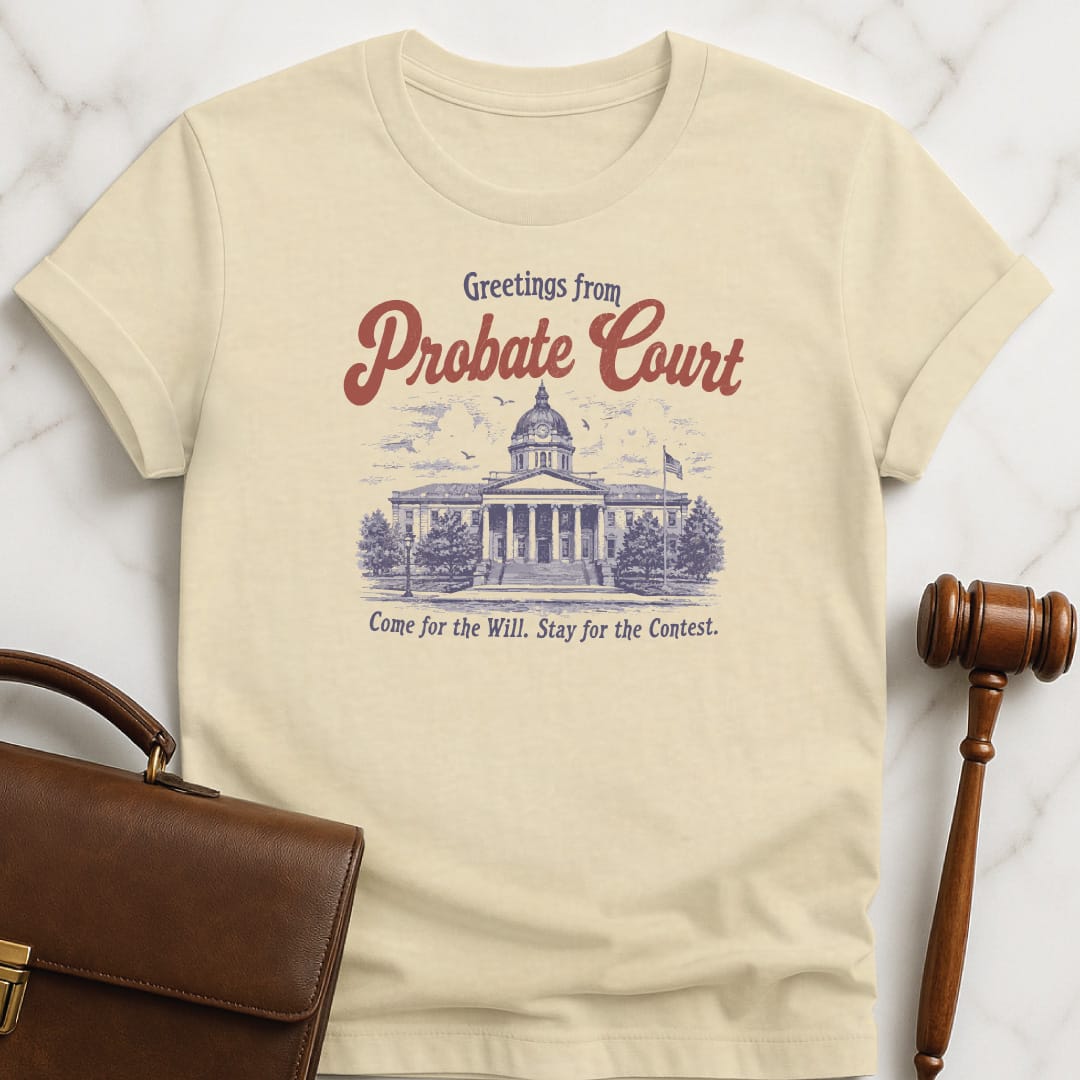 cool law school graphic tee that says greetings from probate court come for the featuring courthouse in cream