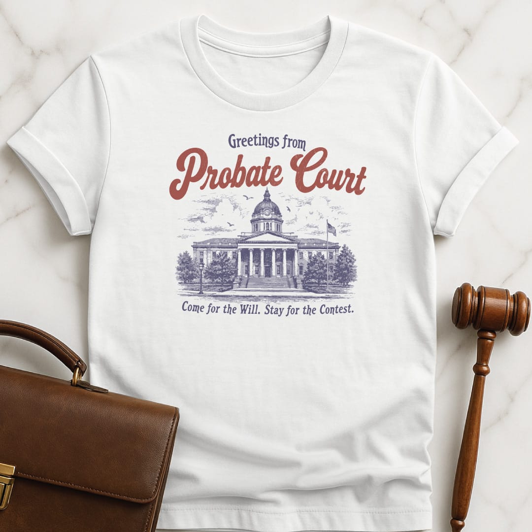 funny law student t-shirt that says greetings from probate court come for the featuring courthouse in white