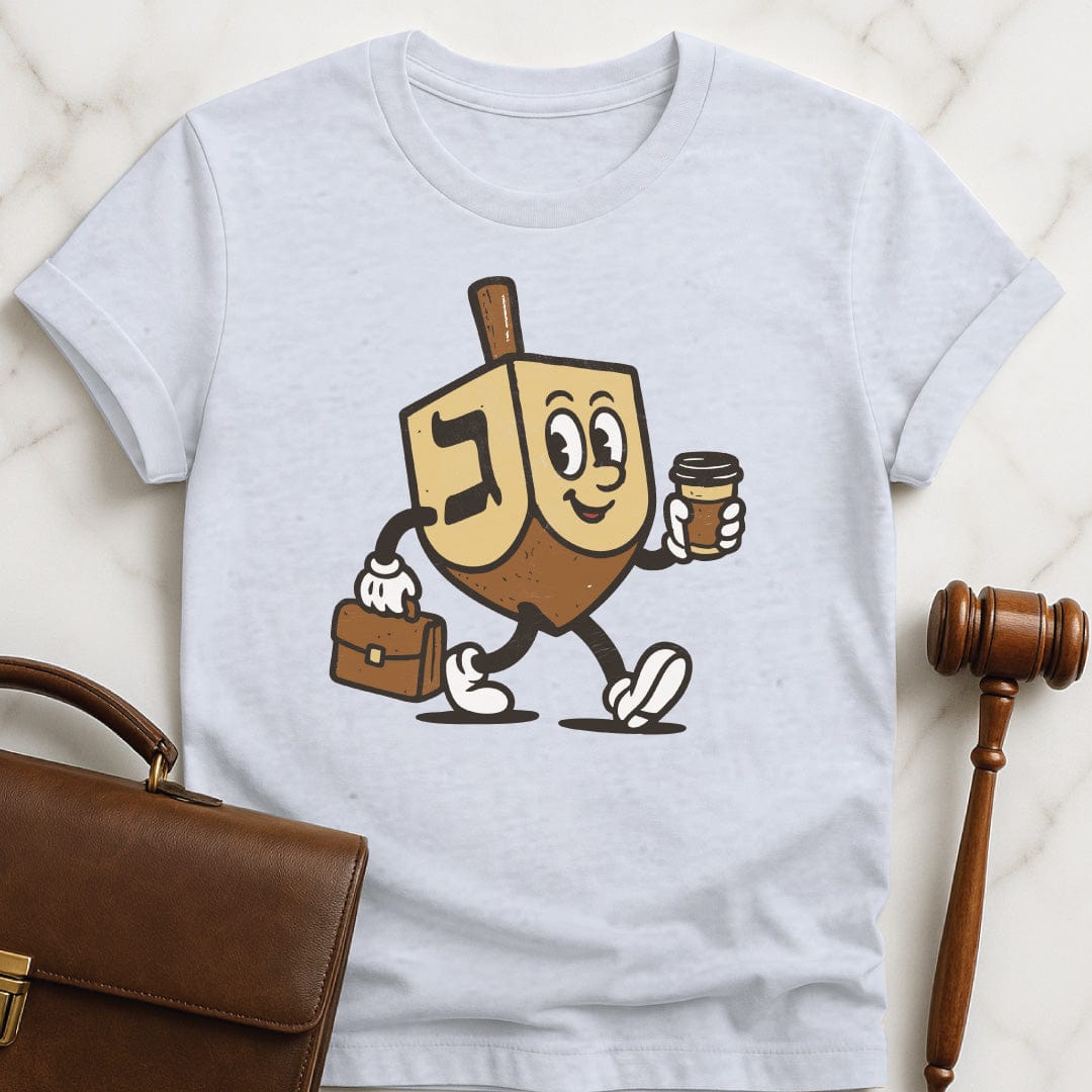 hanukkah law school tee featuring Hanukkah dreidel carrying a briefcase and a coffee in grey