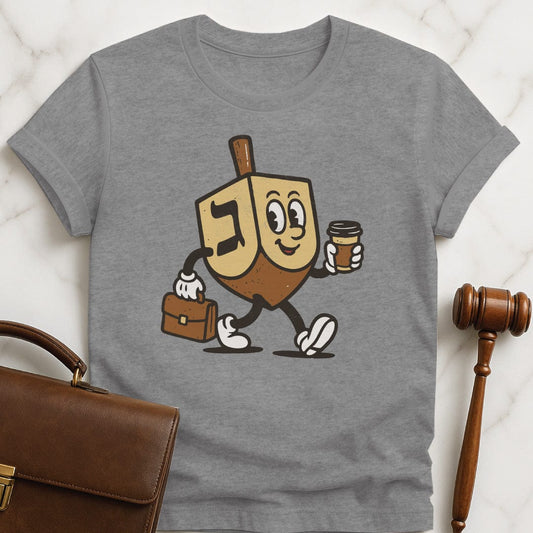 jewish law school grad t-shirt featuring Hanukkah dreidel carrying a briefcase and a coffee in grey