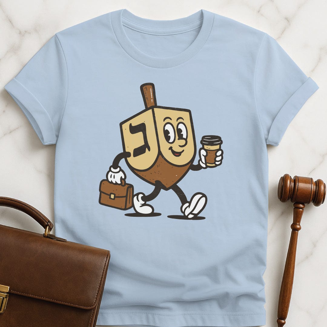 hanukkah new lawyer tee featuring Hanukkah dreidel carrying a briefcase and a coffee in blue