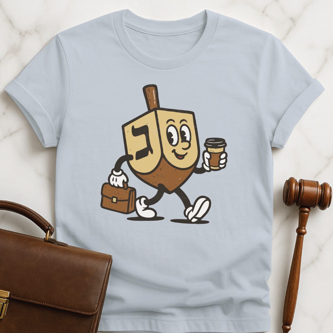 hanukkah law grad t shirt featuring Hanukkah dreidel carrying a briefcase and a coffee in blue