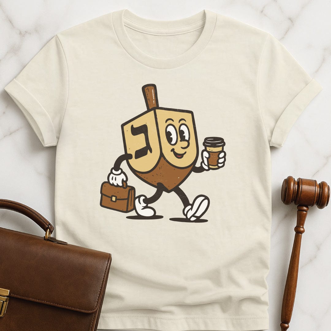 jewish attorney t-shirt featuring Hanukkah dreidel carrying a briefcase and a coffee in cream