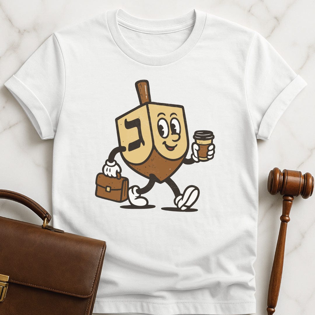 hanukkah lawyer graphic tee featuring Hanukkah dreidel carrying a briefcase and a coffee in white