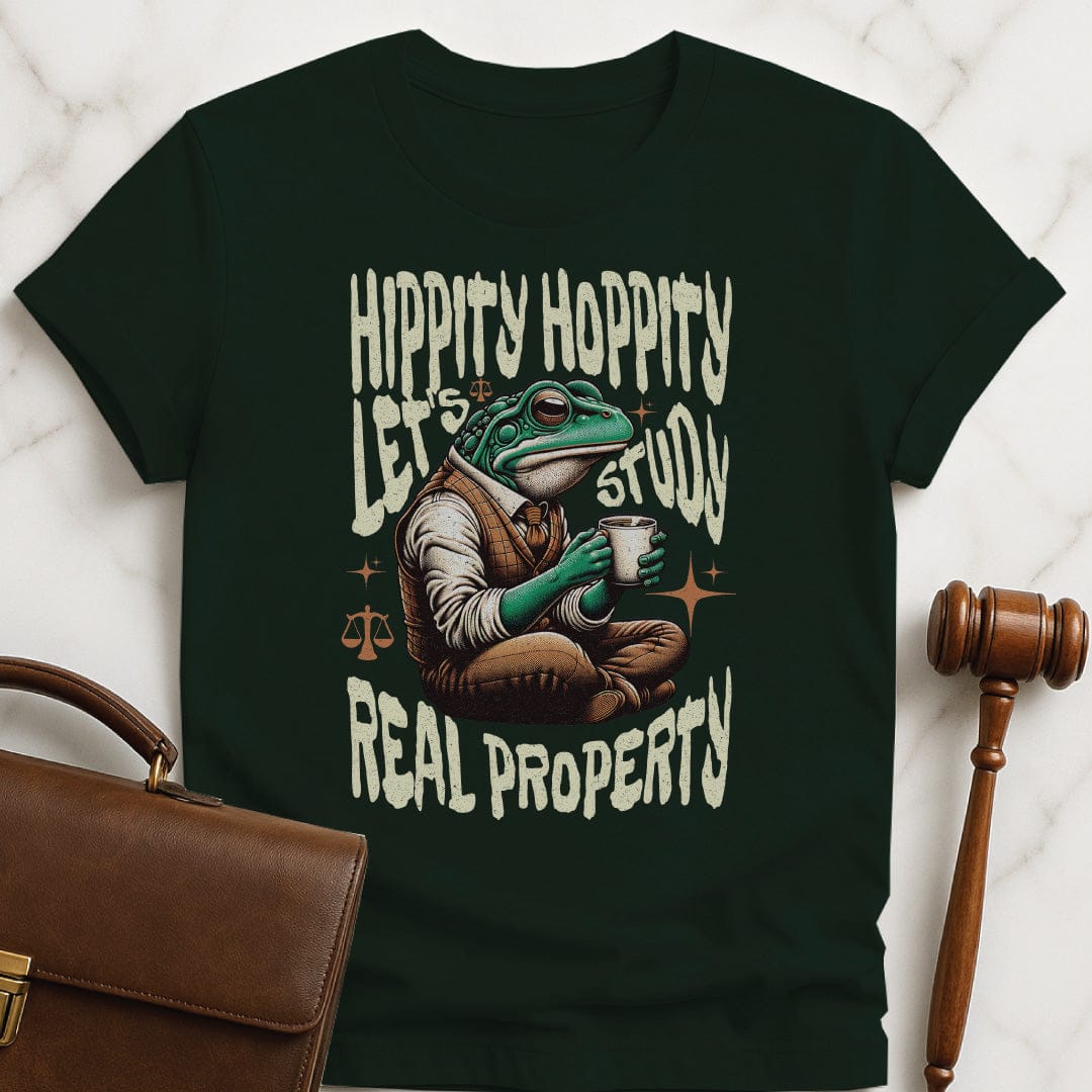 cool law student graphic tshirt that says Hippity Hoppity Lets Study Real Property featuring frog with scales of justice in green