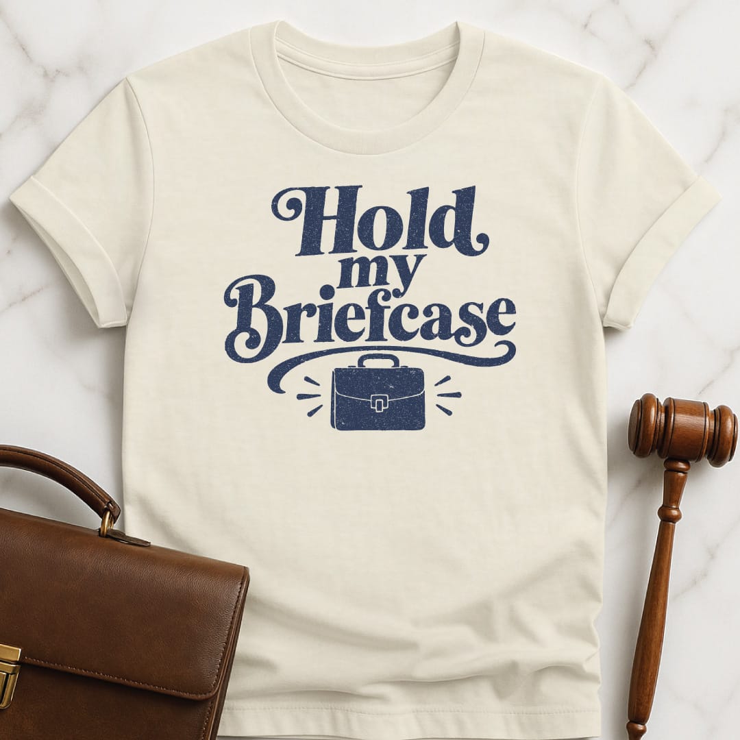 funny lawyer graphic tshirt that says Hold my briefcase featuring briefcase and flourishes in cream