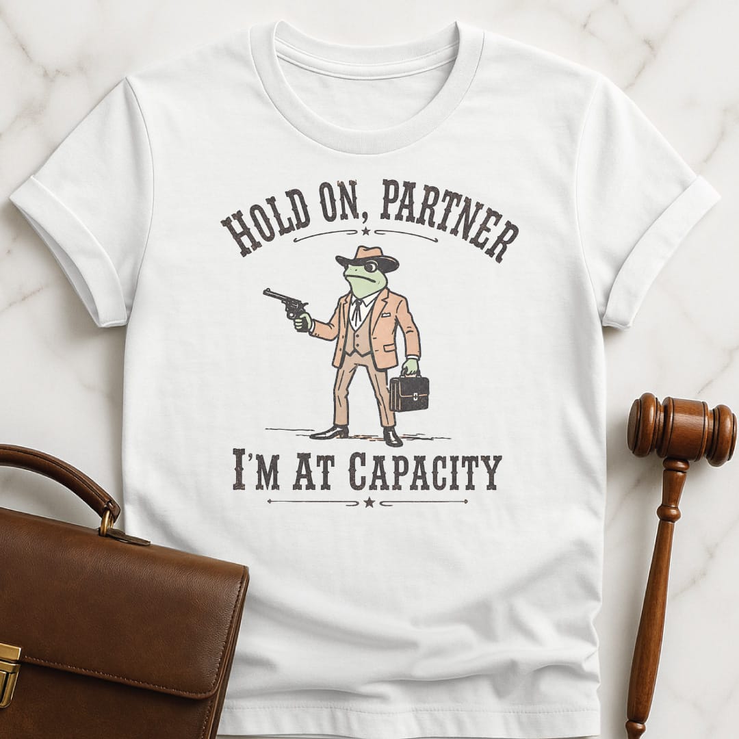 funny attorney t shirt that says Hold on partner Im at capacity featuring cowboy lawyer toad or frog holding a gun and briefcase in white