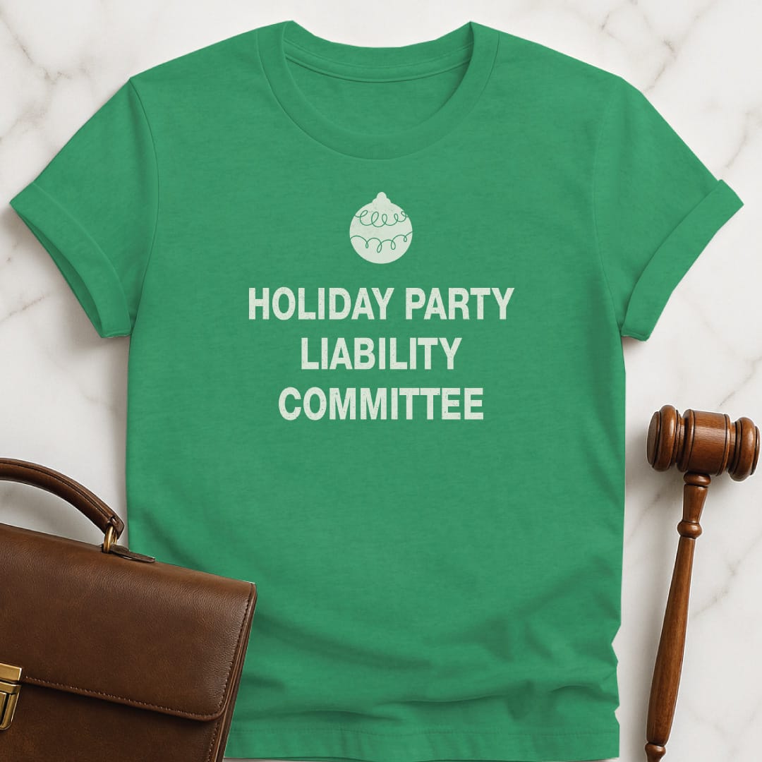 holiday law grad graphic tee that says Holiday Party Liability Committee featuring christmas ornament or a dreidel in heather green