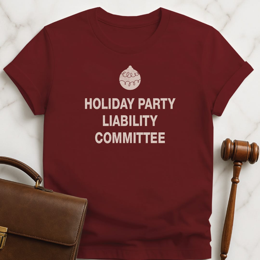 chanukah lawyer graphic t shirt that says Holiday Party Liability Committee featuring dreidel or a christmas ornament in red