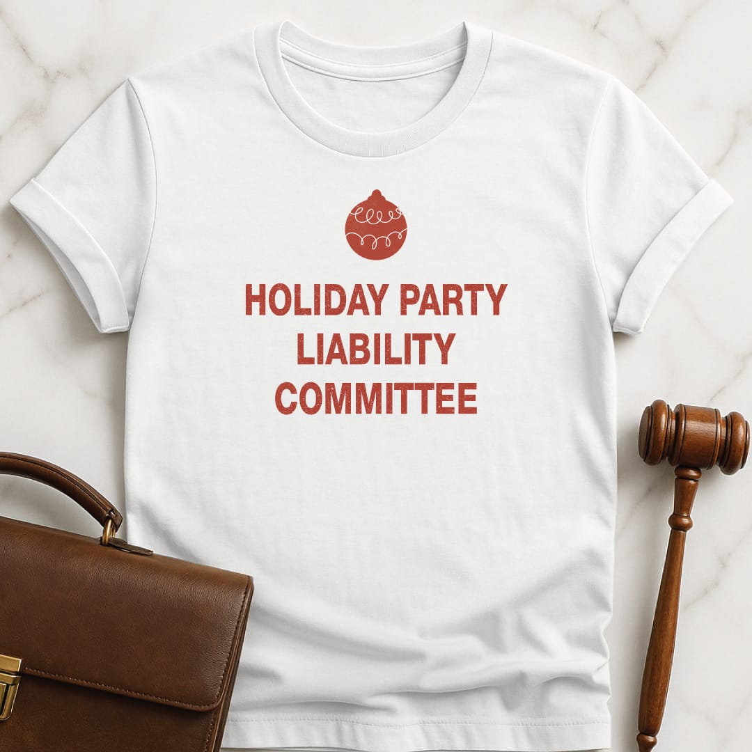 hanukkah law school grad tshirt that says Holiday Party Liability Committee featuring dreidel or a christmas ornament in white