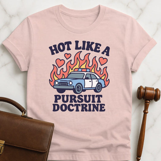 funny law grad graphic tee that says Hot like a pursuit featuring police car with flames and hearts in pink