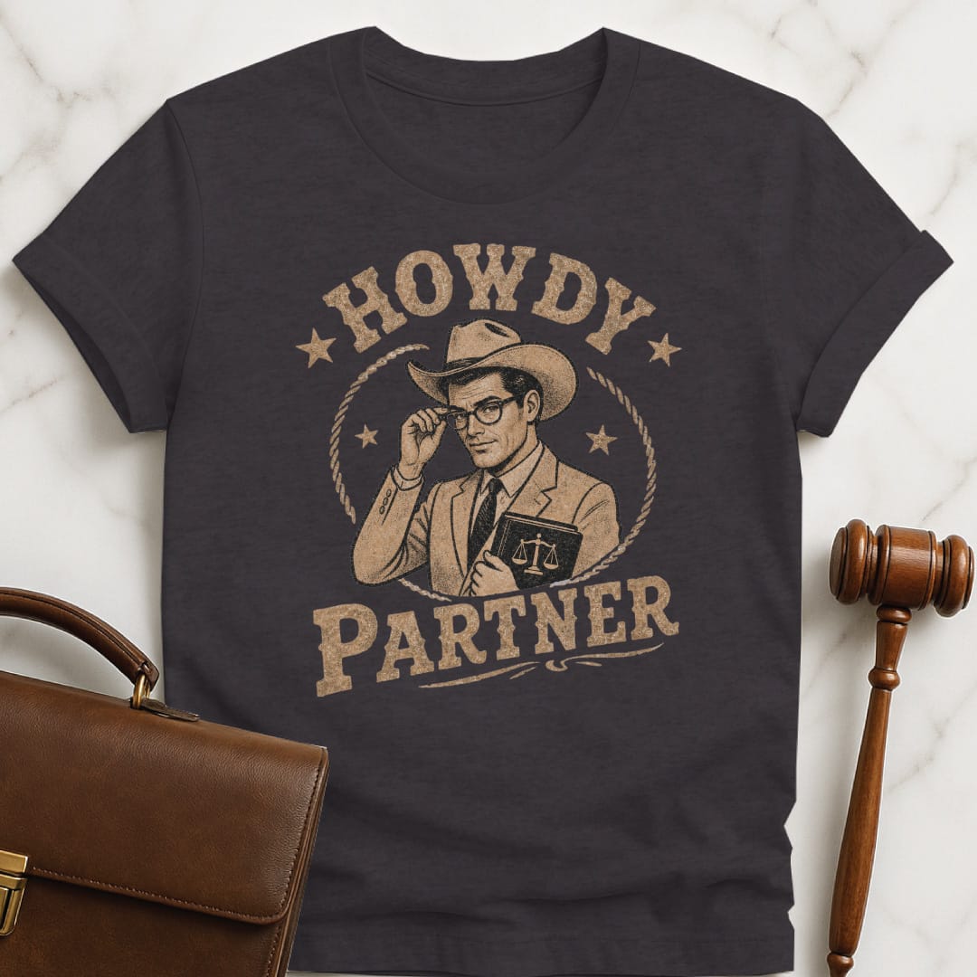funny lawyer graphic tshirt that says Howdy Partner featuring cowboy dressed like a lawyer in black