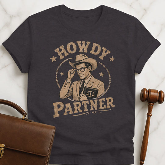 funny lawyer graphic tshirt that says Howdy Partner featuring cowboy dressed like a lawyer in black