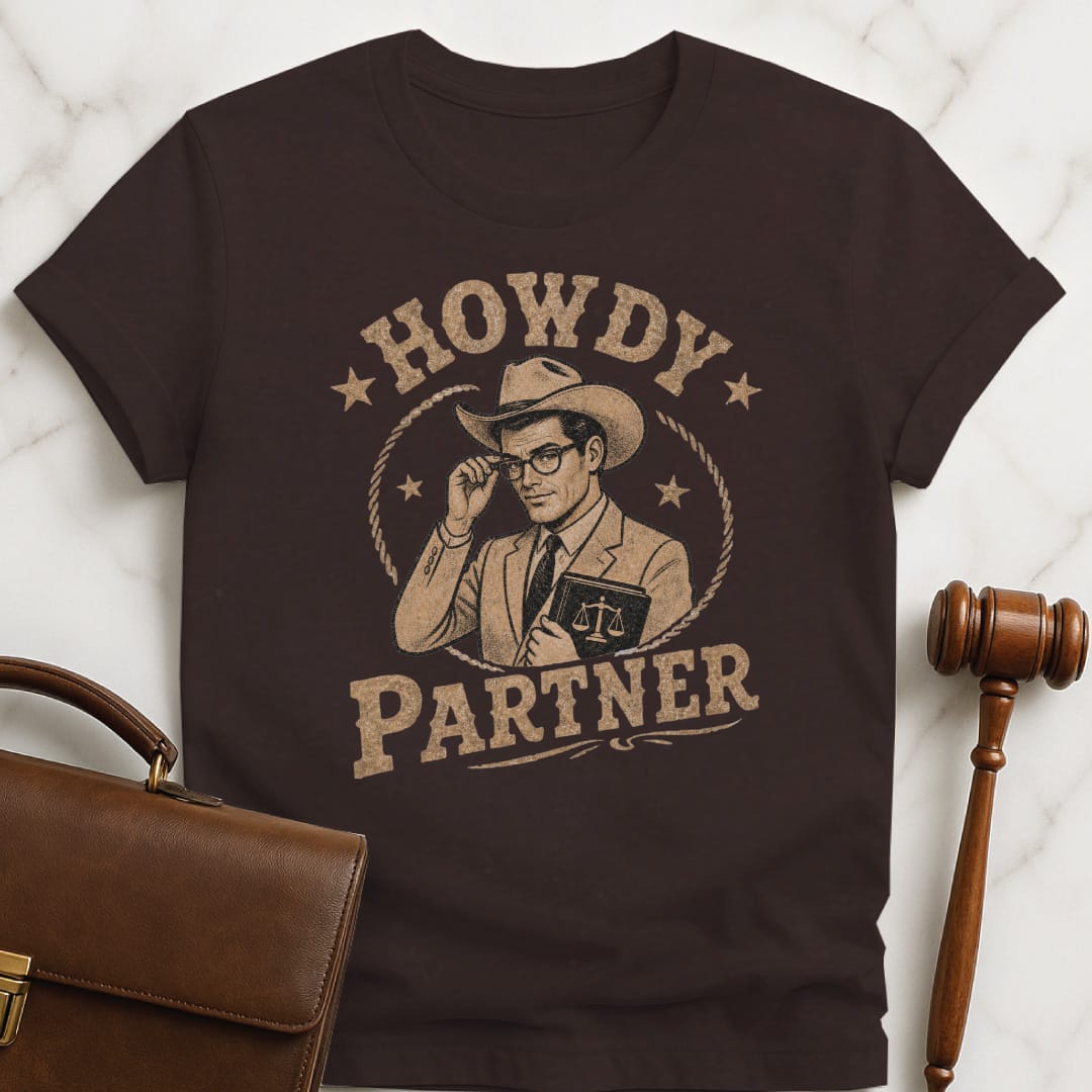 cool attorney graphic tee that says Howdy Partner featuring cowboy dressed like a lawyer in brown