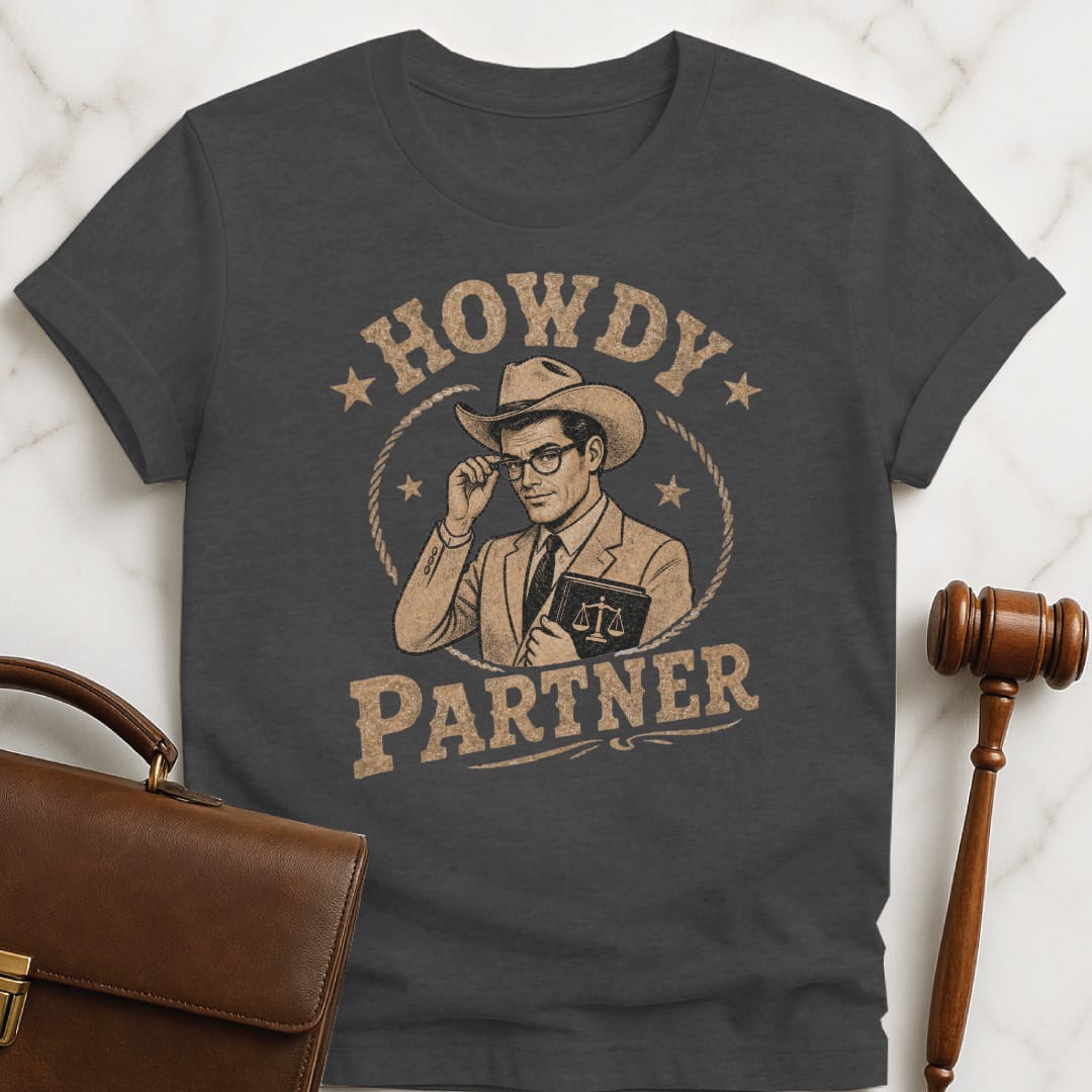 cool attorney tee that says Howdy Partner featuring cowboy dressed like a lawyer in grey