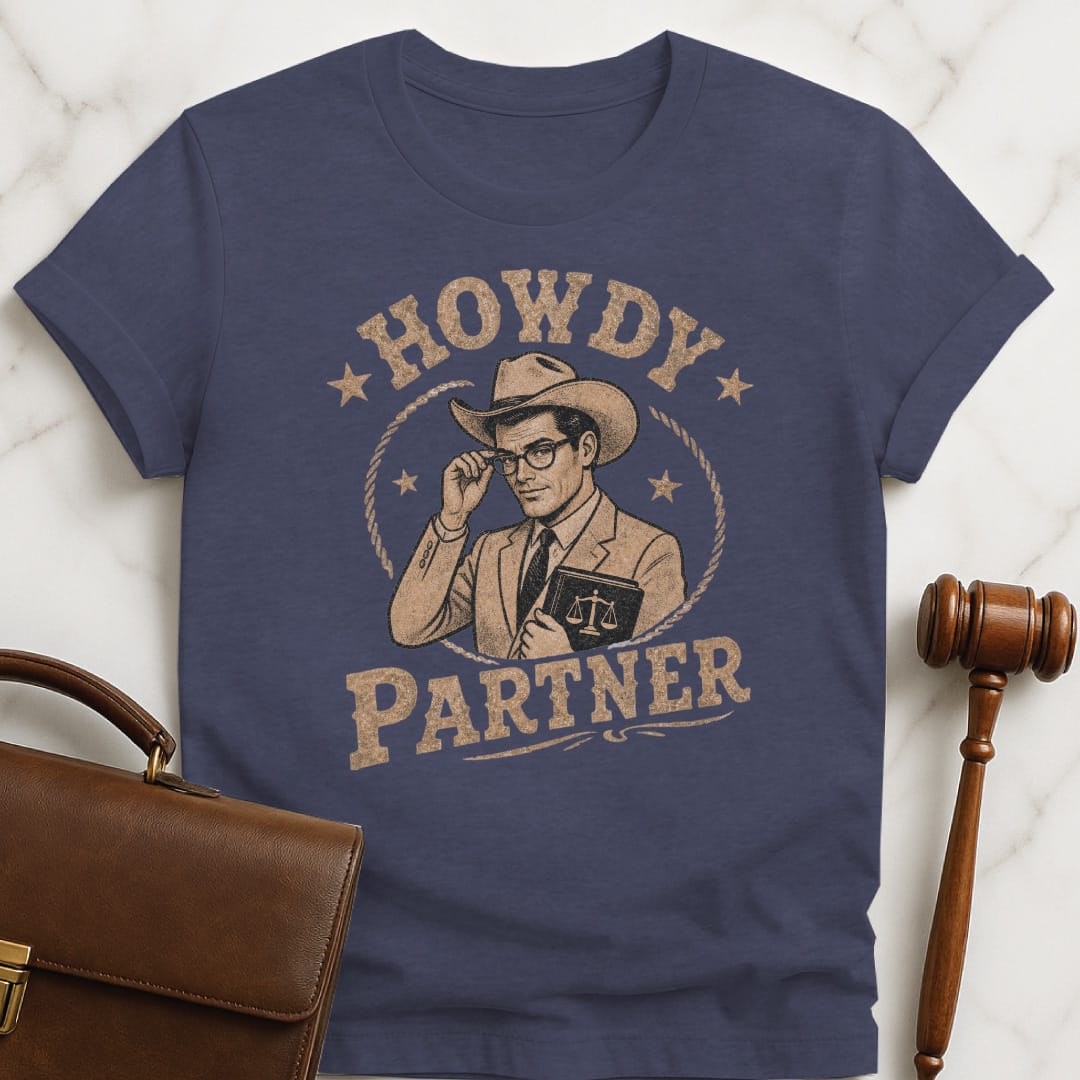 cool attorney graphic t shirt that says Howdy Partner featuring cowboy dressed like a lawyer in heather blue