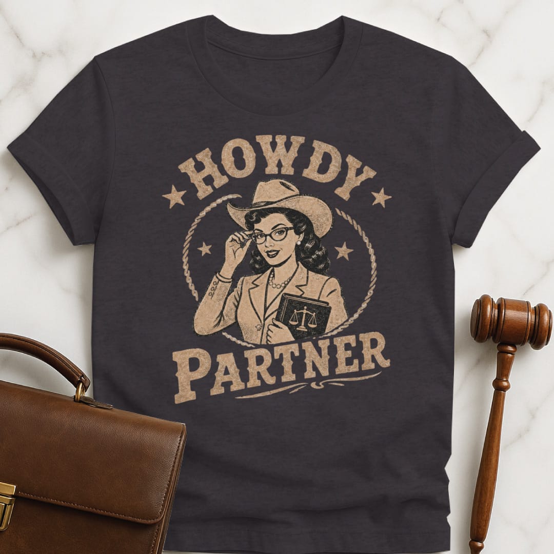 funny lawyer graphic t-shirt that says Howdy Partner featuring cowgirl dressed like a lawyer in black