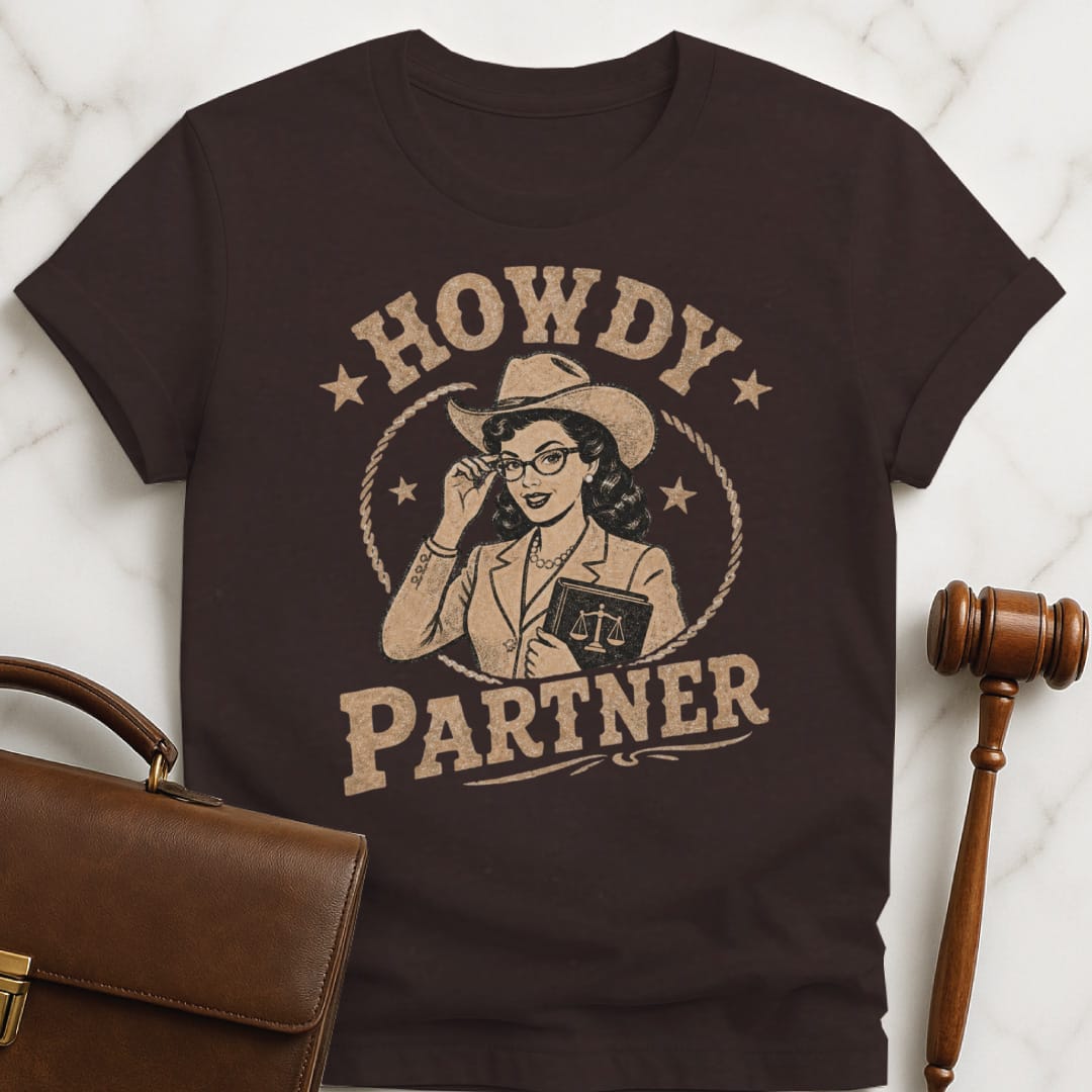 cool attorney graphic t shirt that says Howdy Partner featuring cowgirl dressed like a lawyer in brown