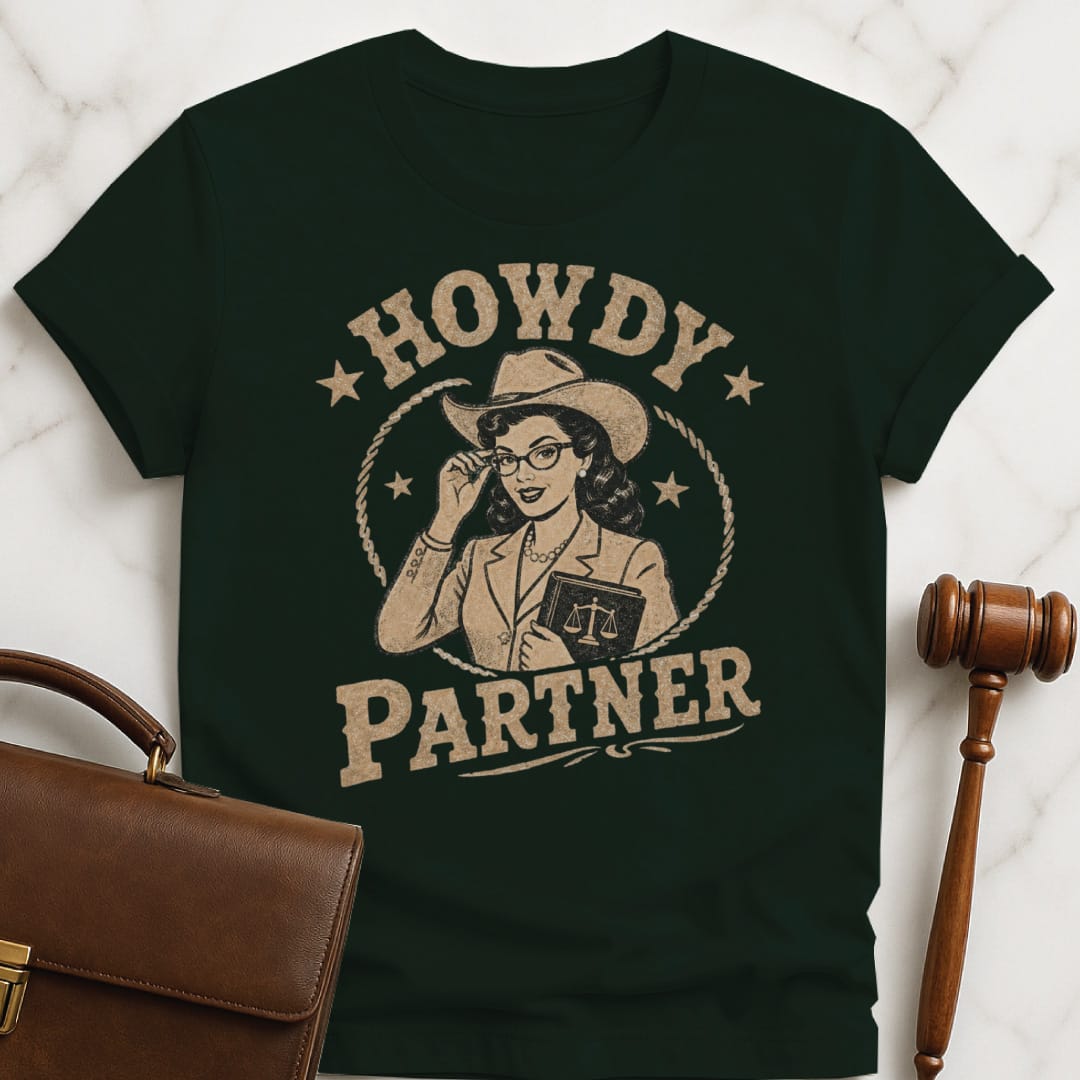 funny lawyer tshirt that says Howdy Partner featuring cowgirl dressed like a lawyer in green