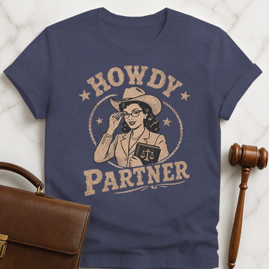 cool attorney tee that says Howdy Partner featuring cowgirl dressed like a lawyer in heather blue