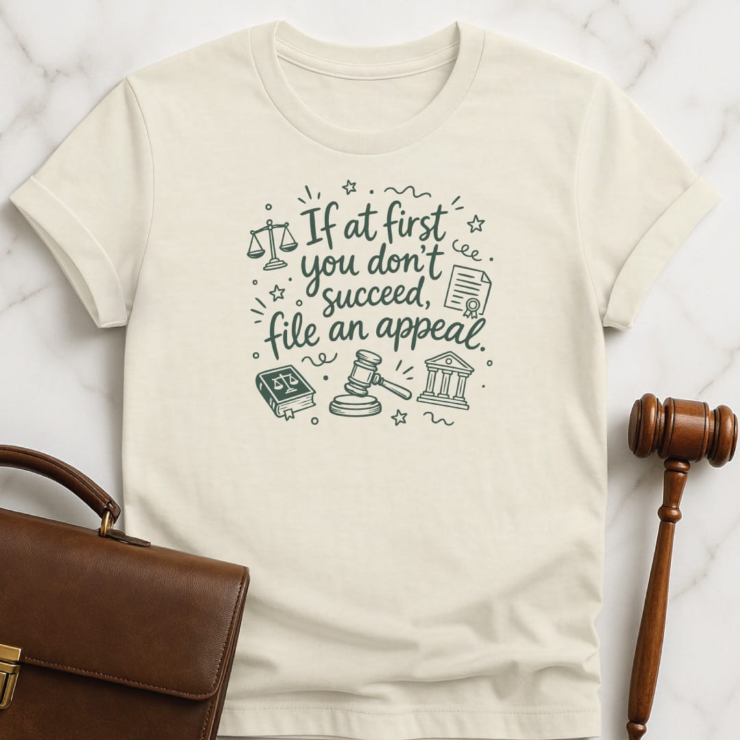 cool attorney t shirt that says If at first you dont succeed file an appeal featuring doodle gavel and courthouse in cream