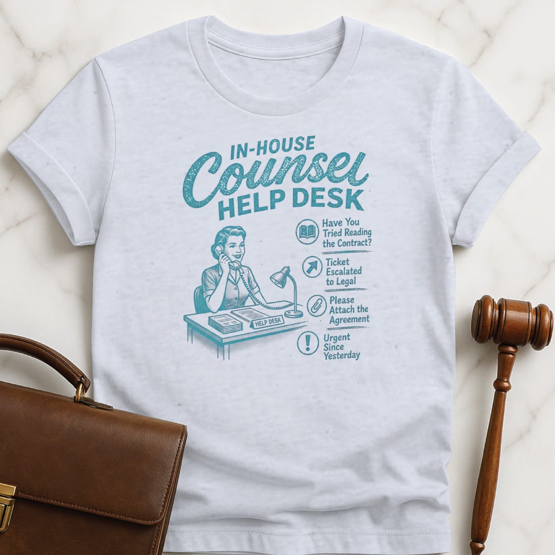 cool attorney tee that says in house counsel help desk have you featuring retro woman answering phone in grey