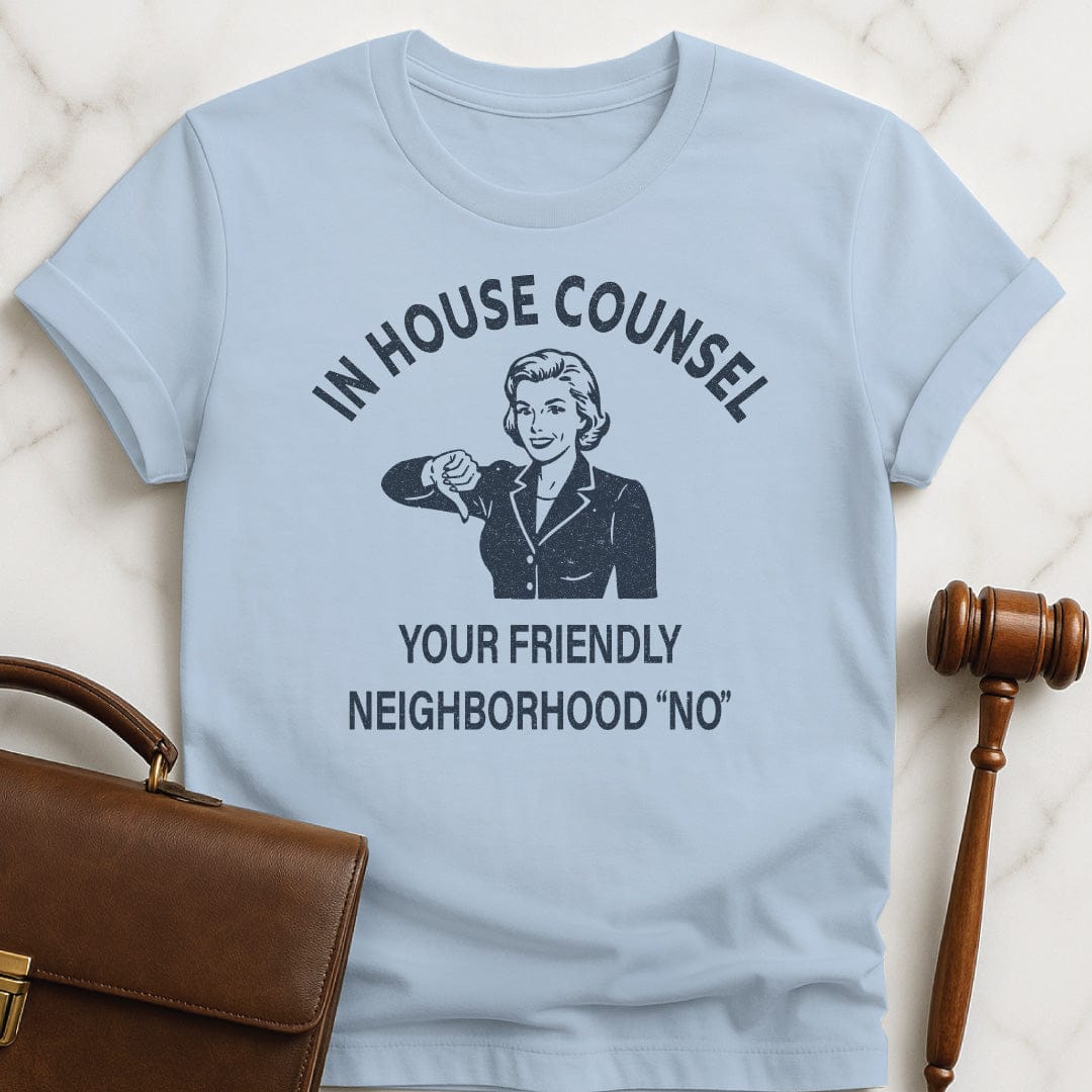 funny new attorney tshirt that says In House Counsel Your Friendly Neighborhood No featuring smiling retro style woman with thumbs down in blue
