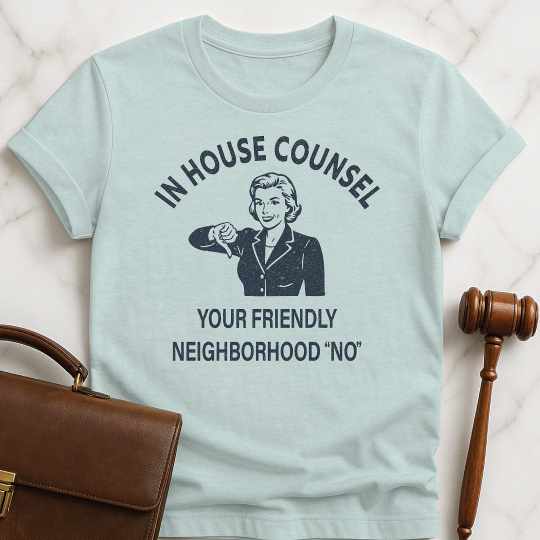 funny law school grad graphic tshirt that says In House Counsel Your Friendly Neighborhood No featuring smiling retro style woman with thumbs down in heather blue
