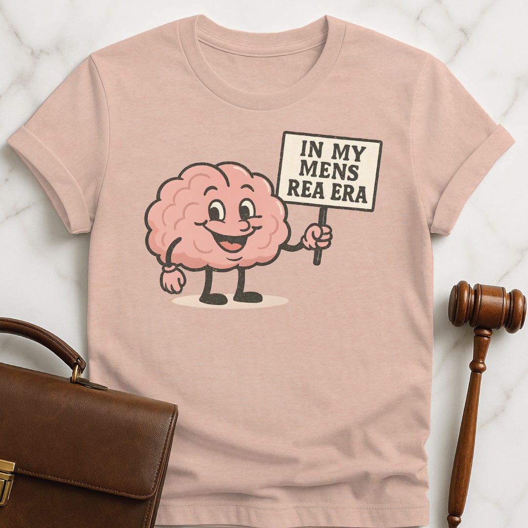 cute law student graphic t-shirt that says in my mens rea era featuring a cute vintage brain holding up a sign in heather peach