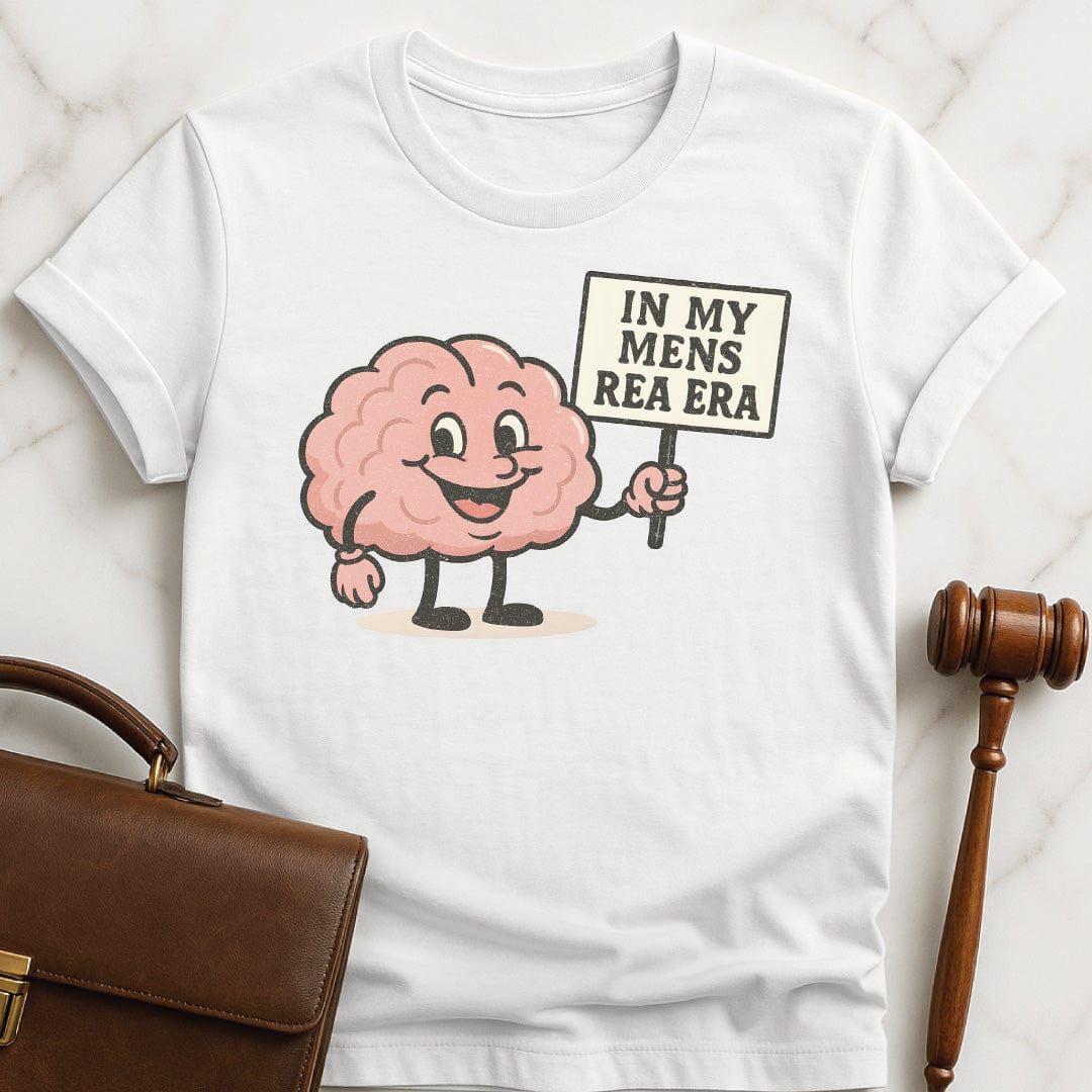 funny law school graduate graphic tee that says in my mens rea era featuring a cute vintage brain holding up a sign in white