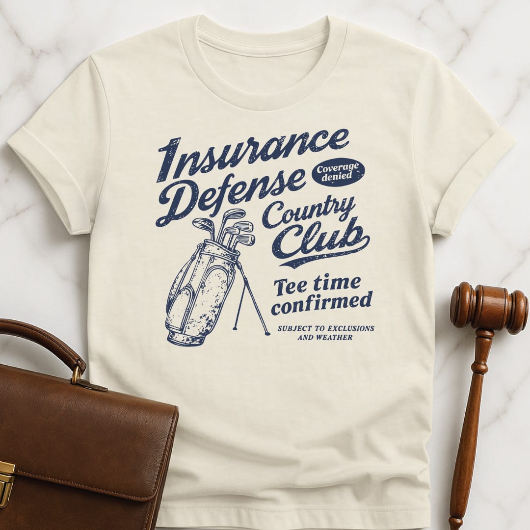 funny lawyer graphic t-shirt that says Insurance Defense Lawyers Country Club Coverage Denied in cream