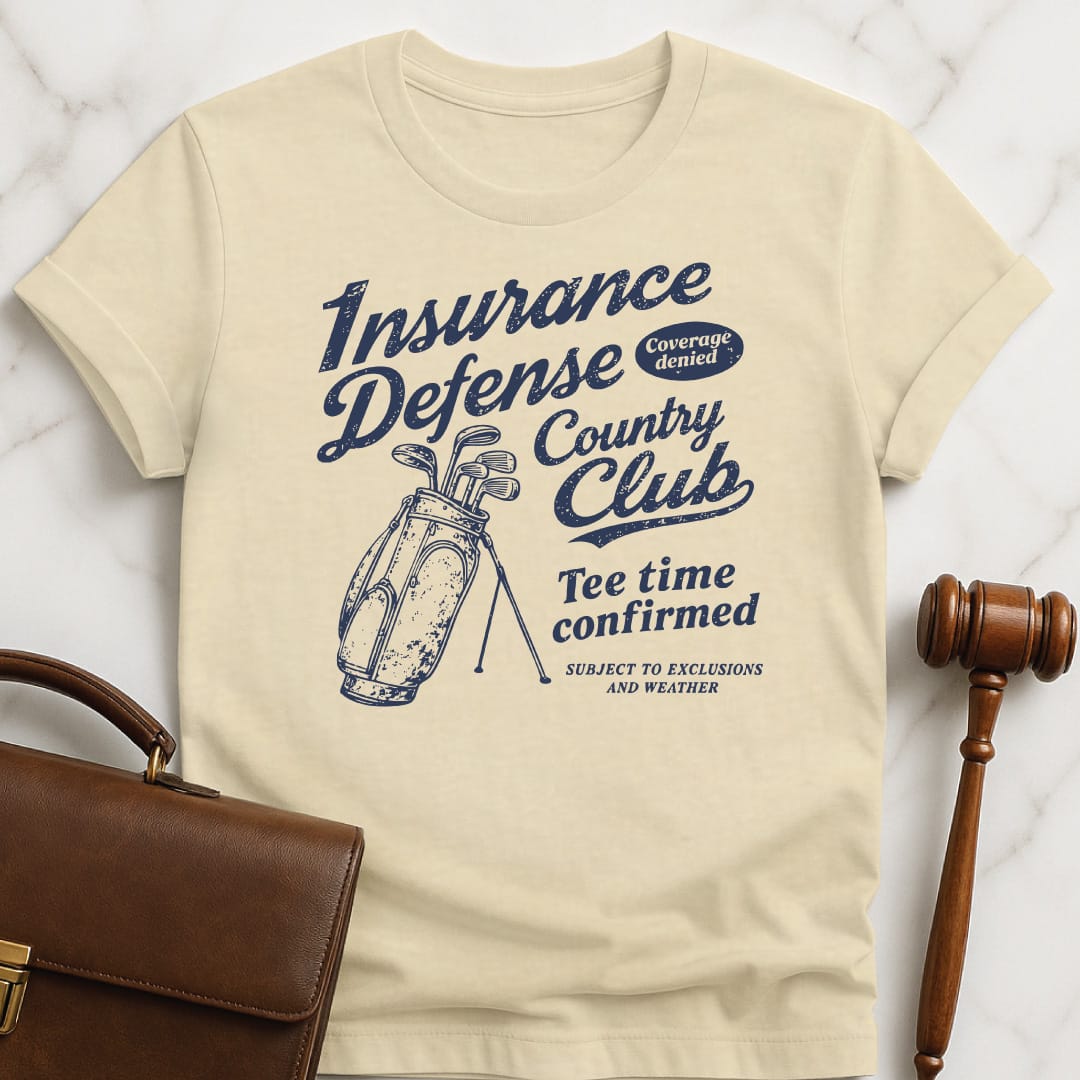 cool attorney graphic t shirt that says Insurance Defense Lawyers Country Club Coverage Denied in cream