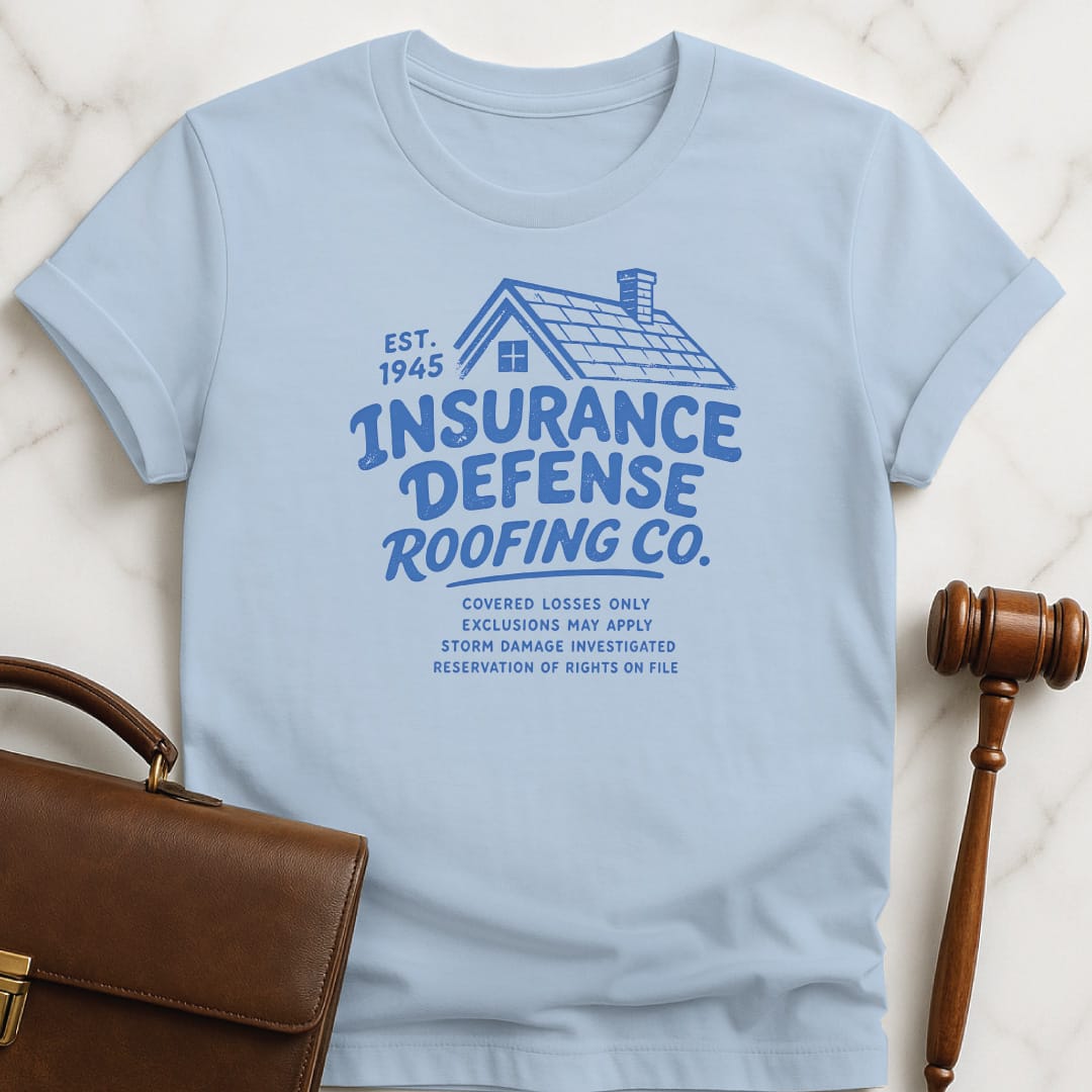 cool law school grad t shirt that says Insurance Defense Roofing Co Est 1945 Covered featuring Roof in blue