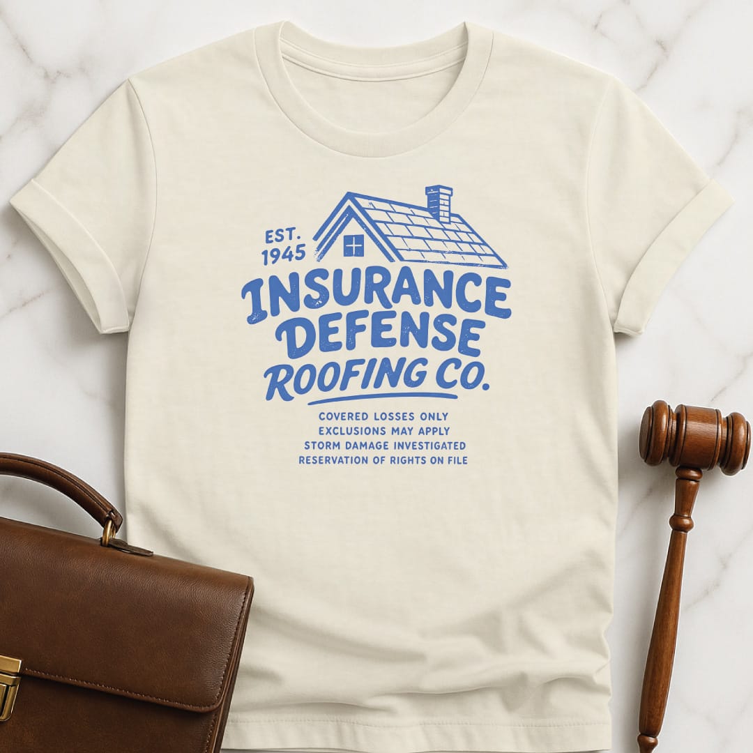 funny new lawyer graphic t-shirt that says Insurance Defense Roofing Co Est 1945 Covered featuring Roof in cream