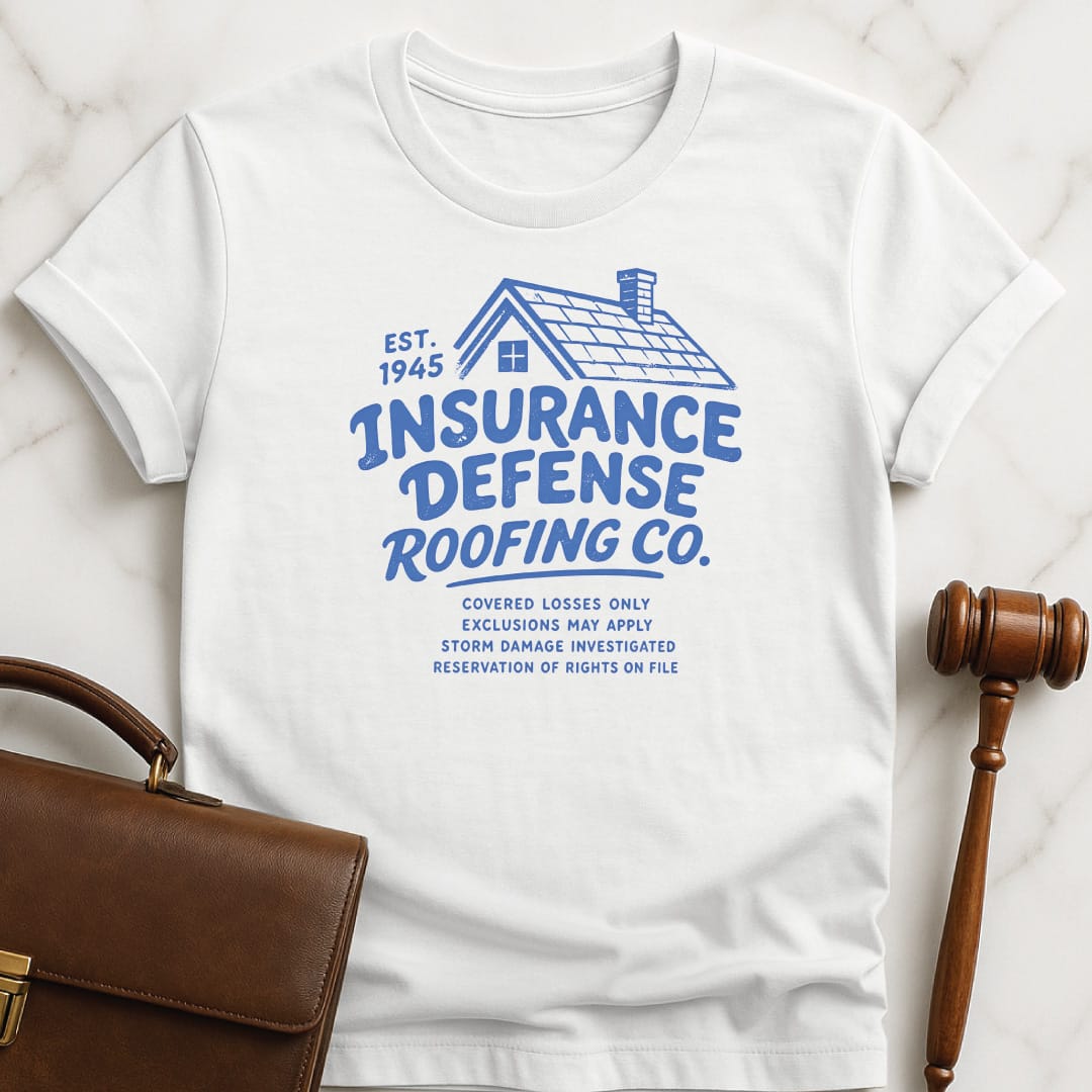 cool new attorney graphic t shirt that says Insurance Defense Roofing Co Est 1945 Covered featuring Roof in white