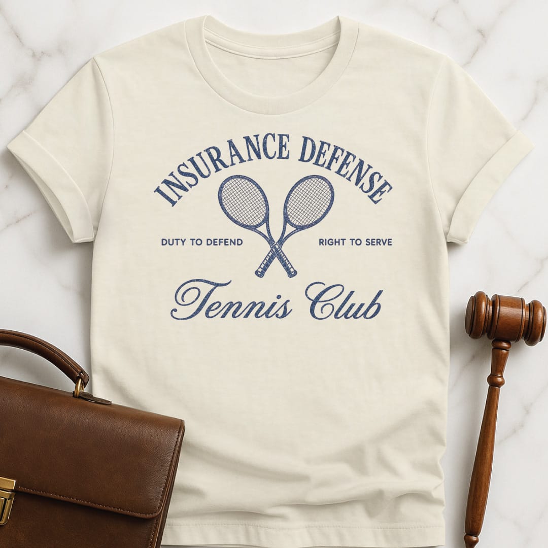 funny law grad t-shirt that says insurance defense tennis club duty to defend right to serve featuring tennis racket crest in cream