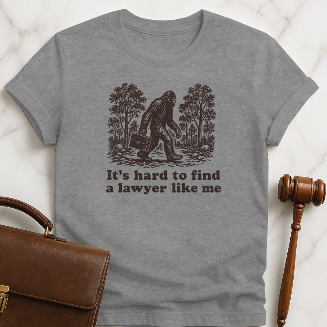 funny law grad graphic t-shirt that says its hard to find a lawyer like me featuring big foot in grey