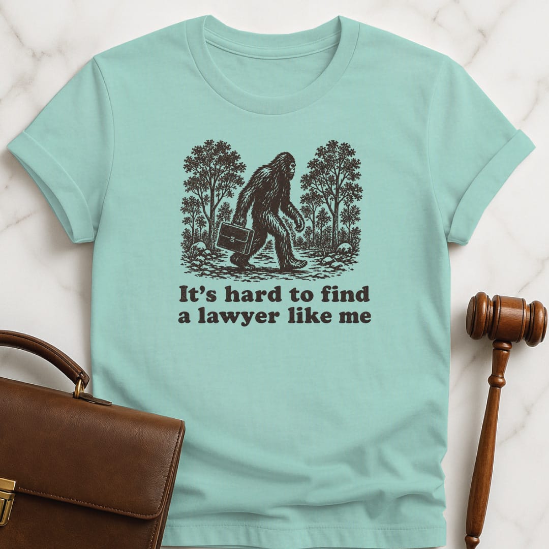 cool law graduate graphic tee that says its hard to find a lawyer like me featuring big foot in heather green