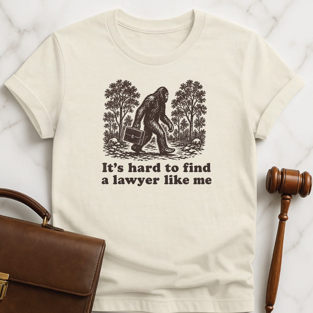 funny law school graduate graphic tshirt that says its hard to find a lawyer like me featuring big foot in cream