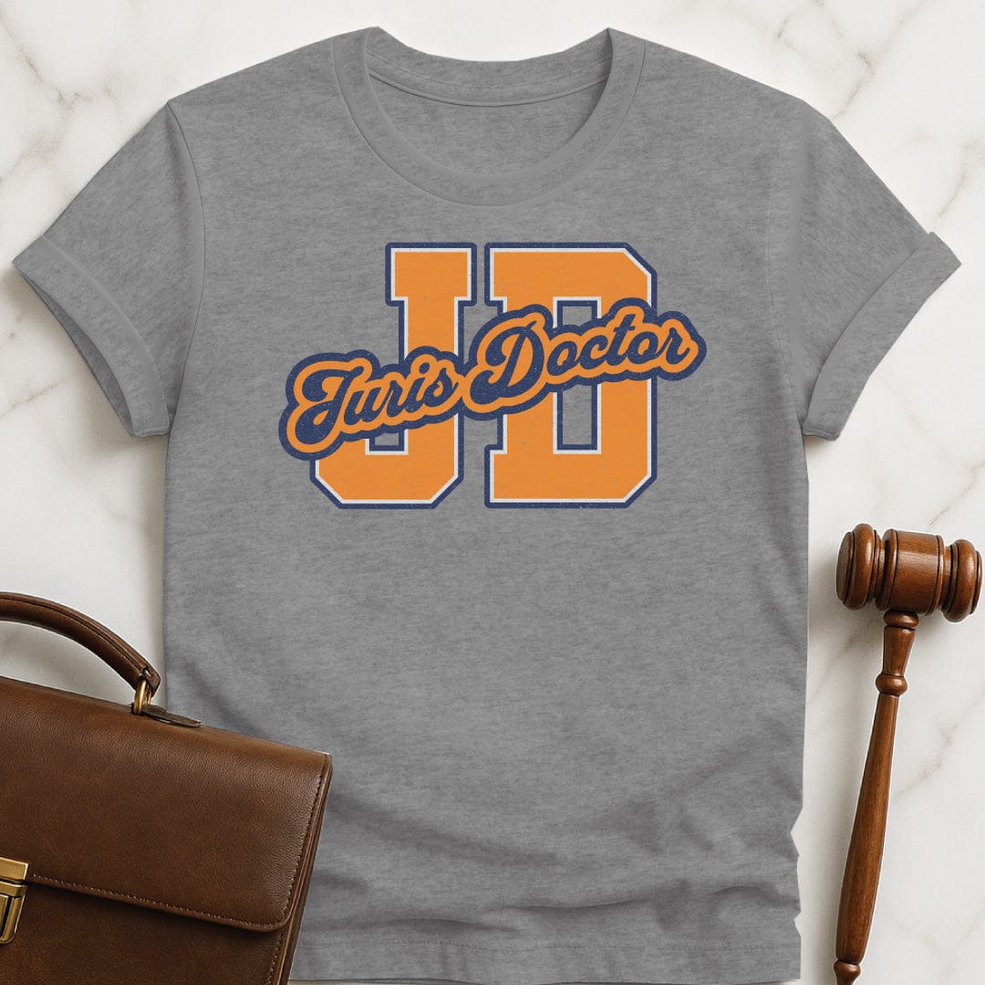 cool law graduate t-shirt that says JD Juris Doctor in grey