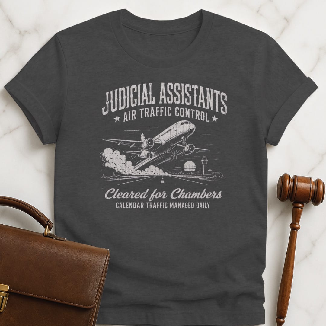 cool attorney graphic t shirt that says Judicial assistants air traffic control cleared for featuring airplane taking off in grey